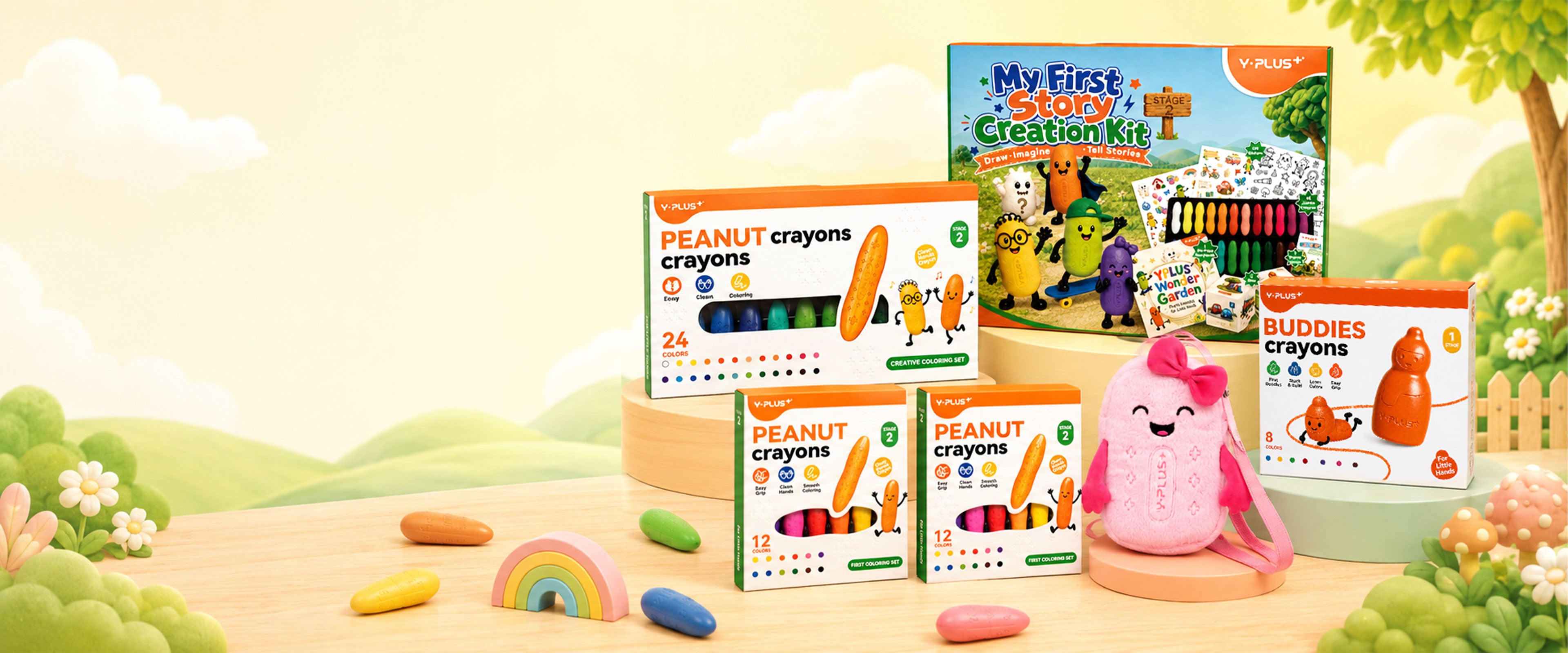 The full YPLUS range — Peanut crayons, Buddies crayons and My First Story Creation Kit