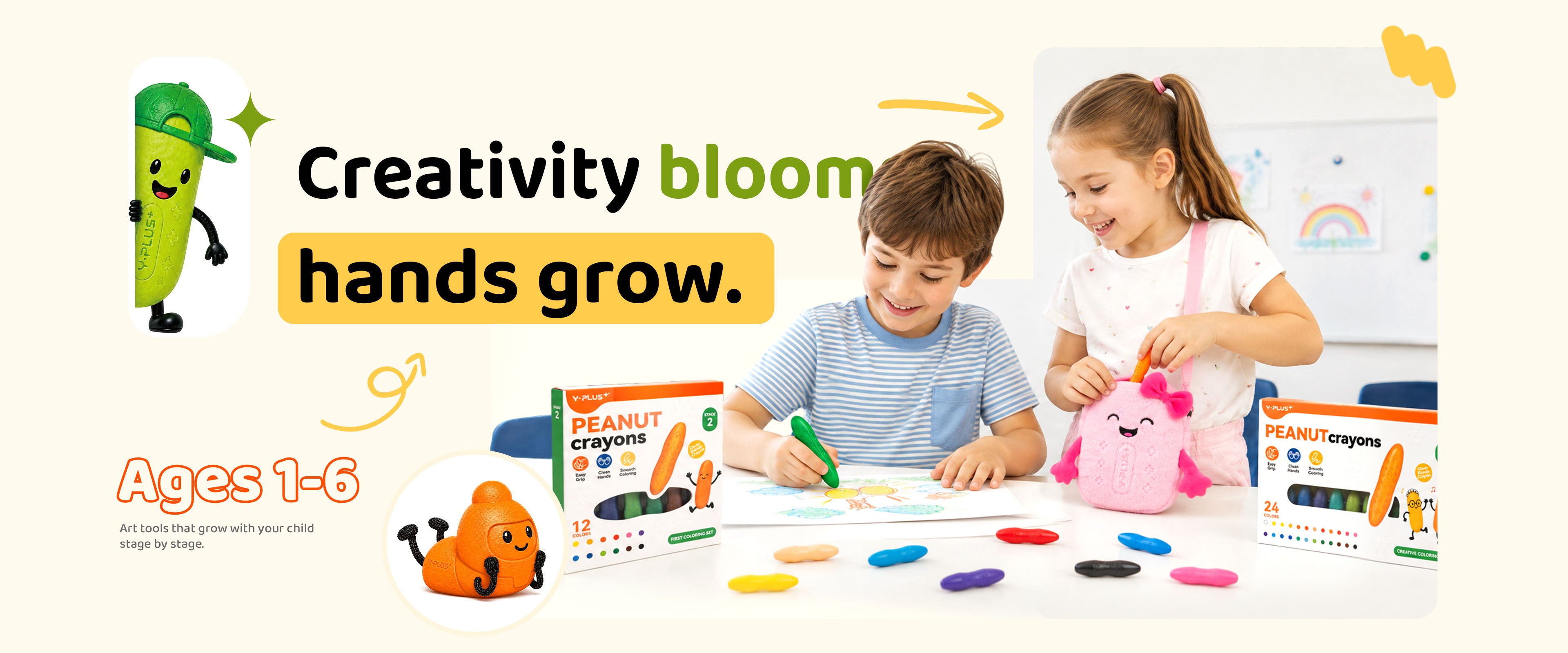 Two children drawing together with YPLUS Peanut crayons