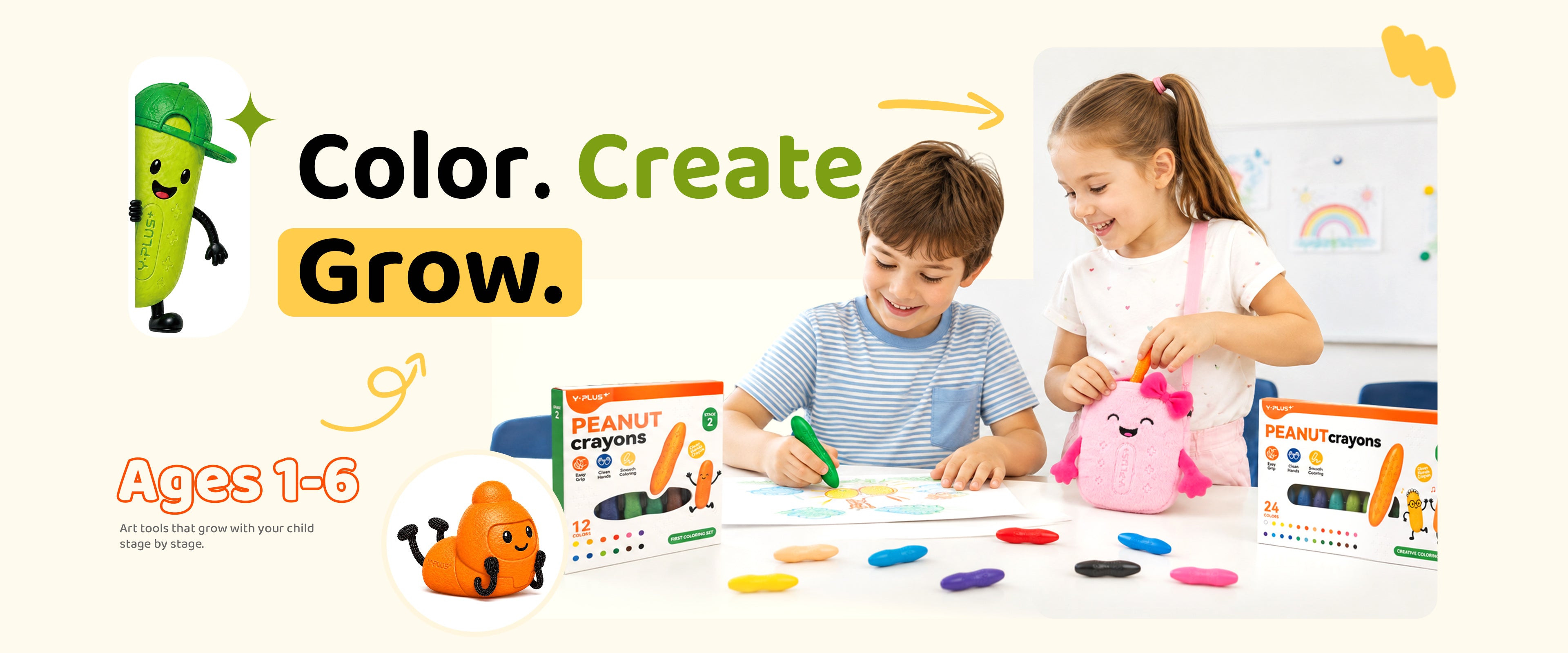 Two children drawing together with YPLUS Peanut crayons