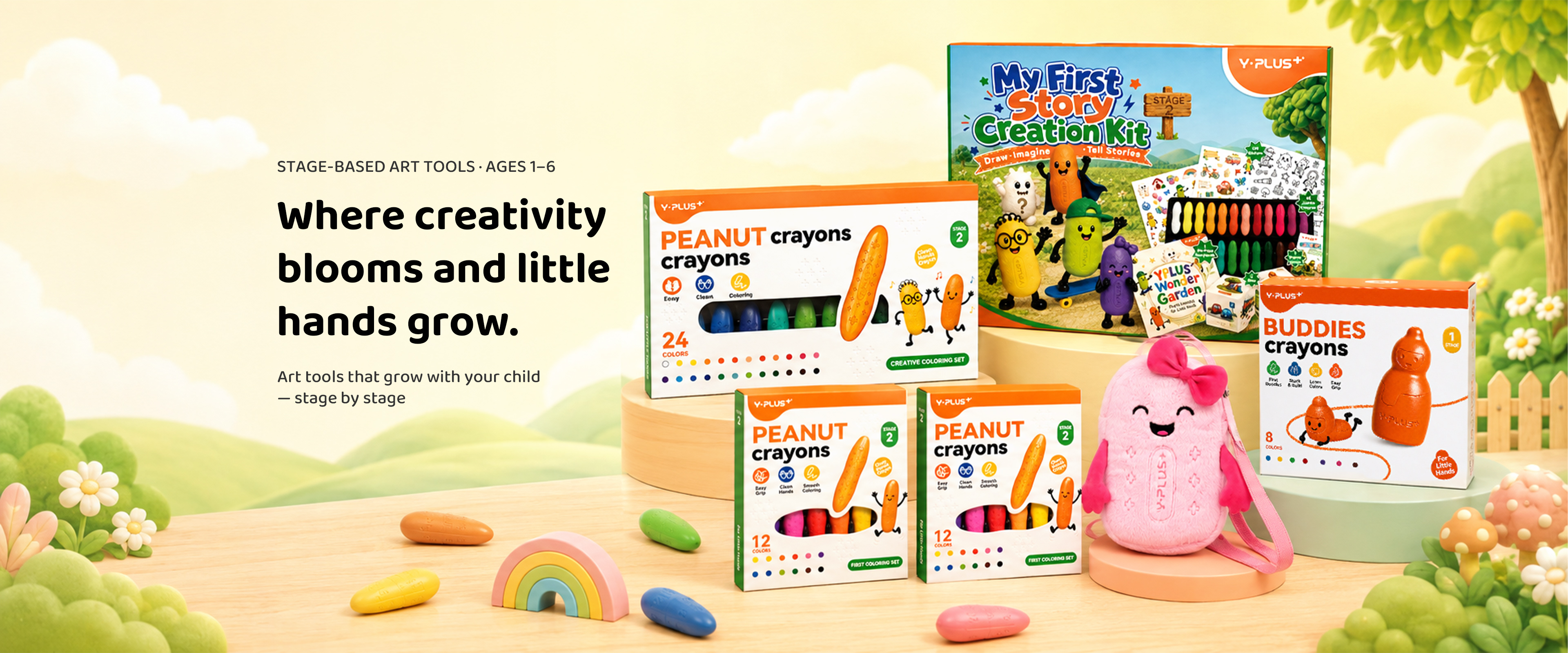 The full YPLUS range — Peanut crayons, Buddies crayons and My First Story Creation Kit